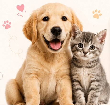 Perrito golden retriever junto a un gatito gris